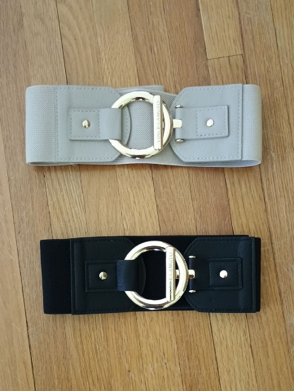Pair Of Elastic Waist Belt with Gold Ring Buckle - Black And Beige